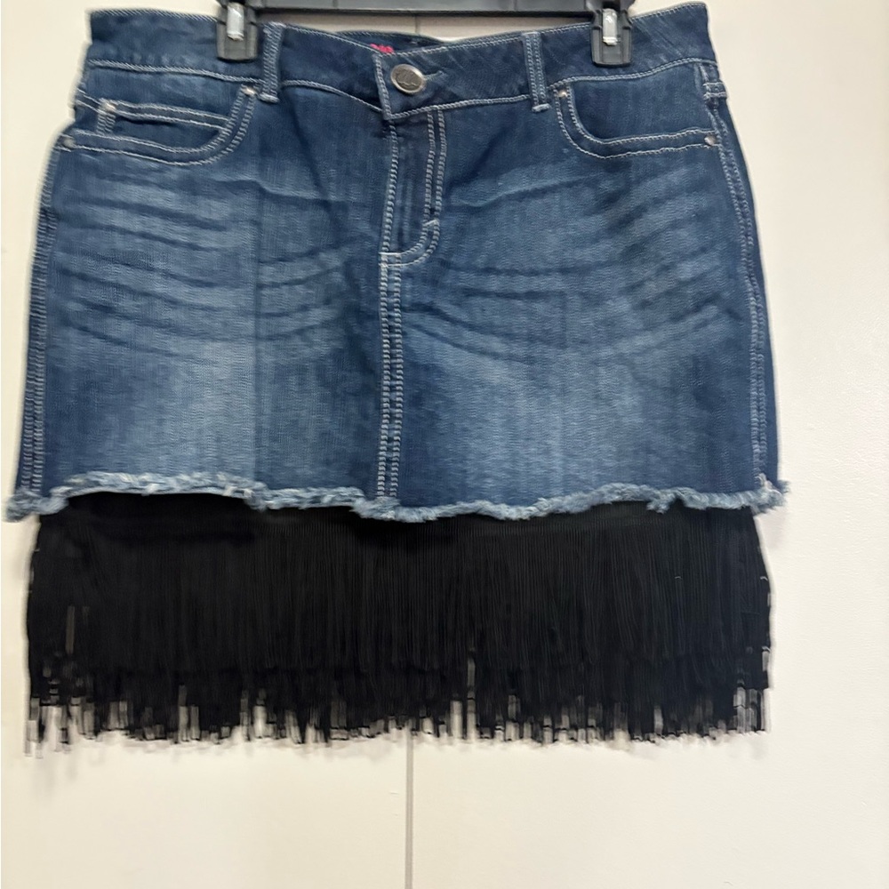 Wrangler Blue Denim Skirt with Black Fringe - Picture 3 of 10
